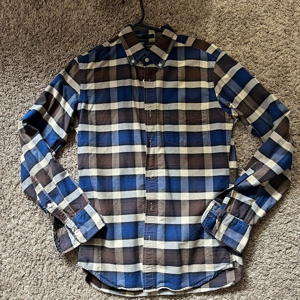 Men's J. Crew Slim Fit Oxford Button Up Long Sleeve Shirt Blue Brown Plaid Sz S
